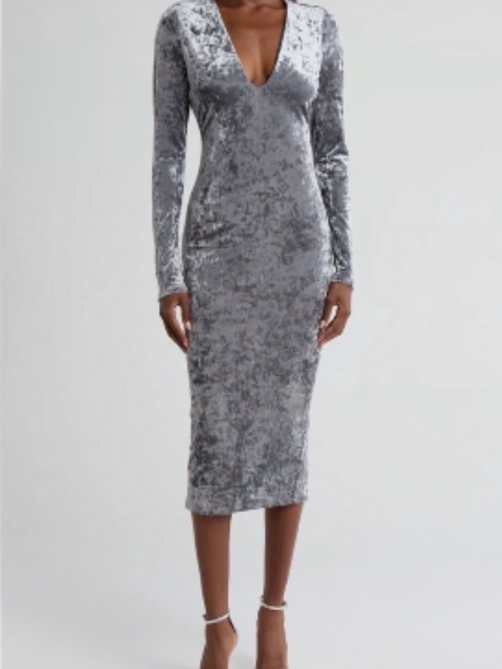 Good American Silver Crushed Velvet Plunge Neck Midi Dress XSMALL